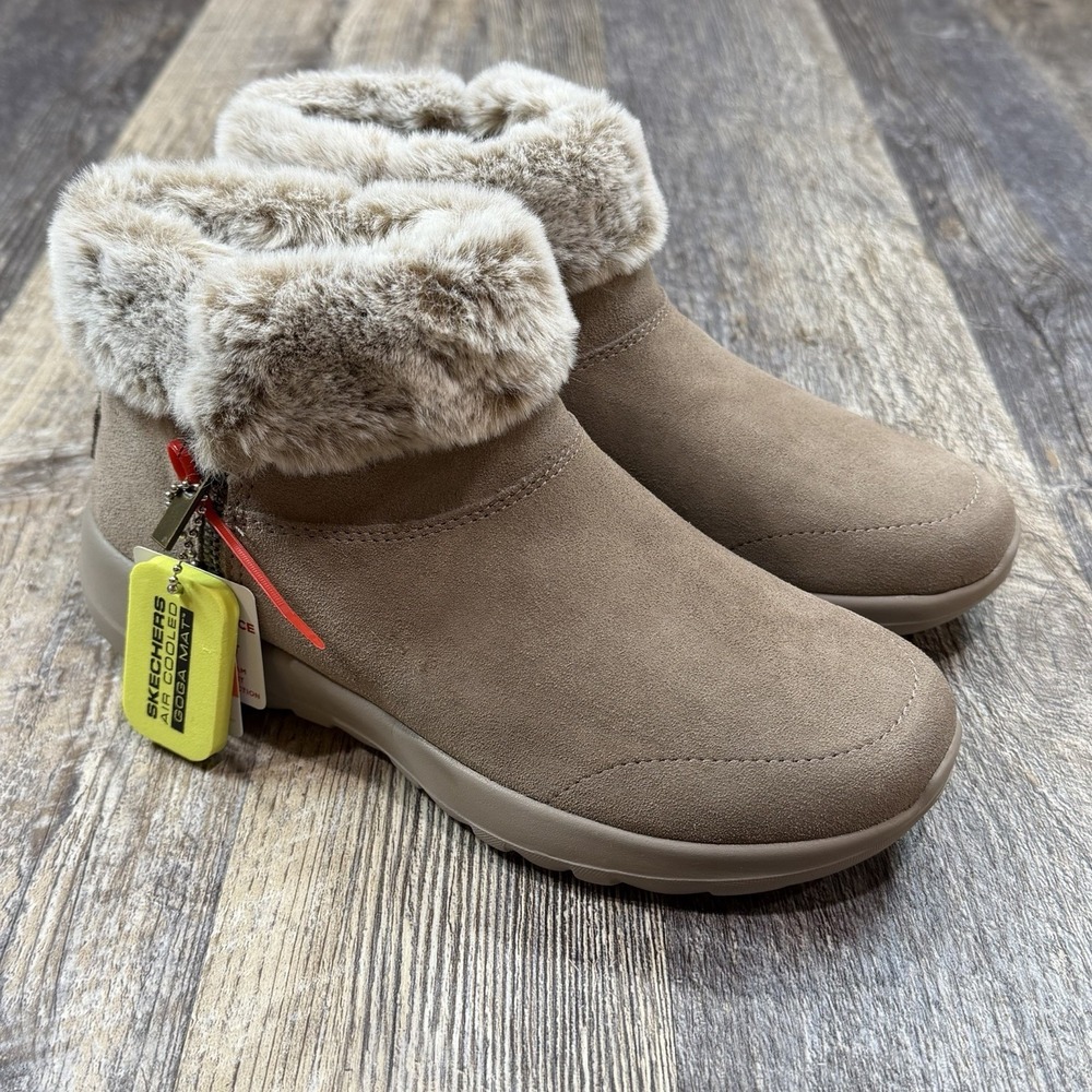 Skechers On-The-Go Joy Boots Womens 6.5 Taupe Faux Fur Ankle Zip Goga Mat NWT